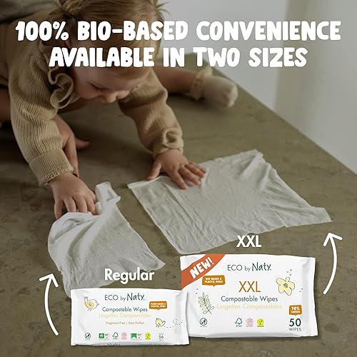 Miniatura 4 de Naty Toallitas compostables XXL para bebé, sin perfume, 100% a base de plantas, sin plástico, sin fragancia, hipoalergénicas para pieles sensibles y