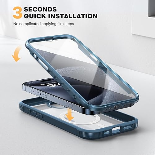 Miniatura 7 de Diaclara Funda magnética para iPhone 15 Pro compatible con MagSafe protector de pantalla integrado antiarañazos y protector de cámara, funda militar