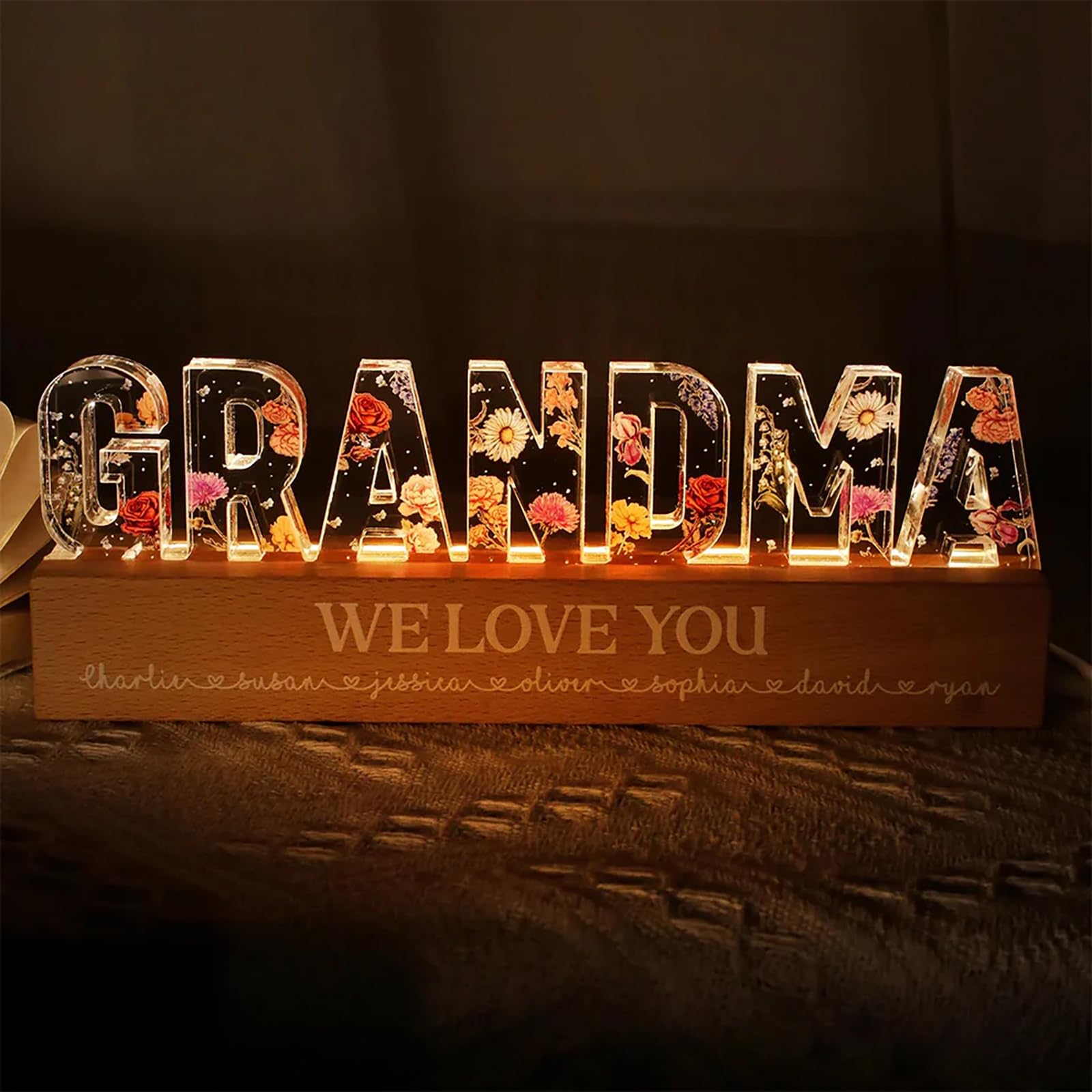 Asseourc Grandmas Birthday Gifts, Dry Flower Night Lights Grandma Gifts from Granddaughter Grandson, Christmas, Birthday Presents for Grandmas