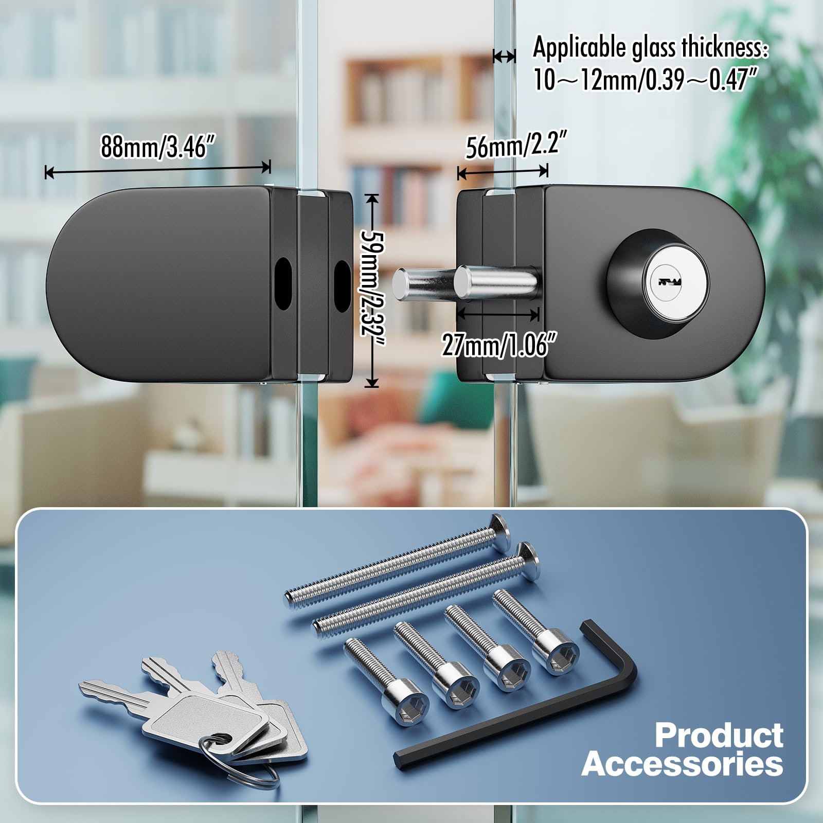 Ranbo cerraduras para puertas sin marco, cierre para puerta de cristal con llave, acabado negro mate, compatible con vidrio de 10~12 mm, instalación sin taladro, ideal para el hogar u oficina