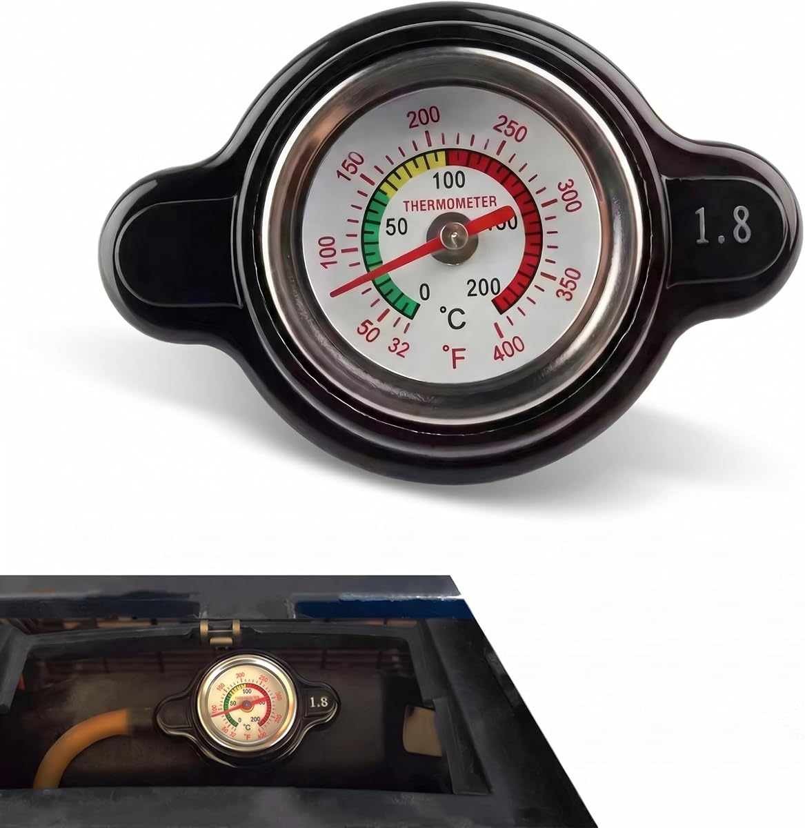 High Pressure Radiator Cap with Temperature Gauge, 1.8 Bar 25.6 Psi Water Tank Sealing Cover, 1.85" x 2.55" Coolant Tank Seal Cap, for Suzuki, Yamaha Motorcycle ATV Models (Black)