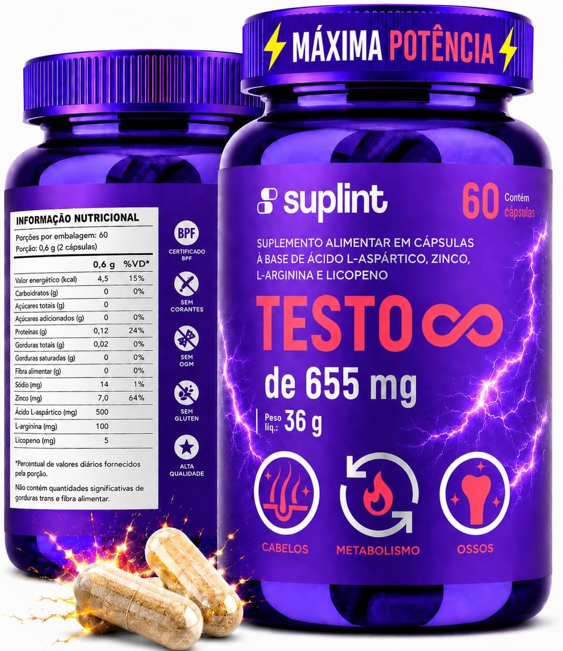 Suplemento para Homens 655 mg com Ácido Aspártico, L-Arginina, Zinco e Licopeno | Fórmula Vegana Sem Glúten | 60 Cápsulas