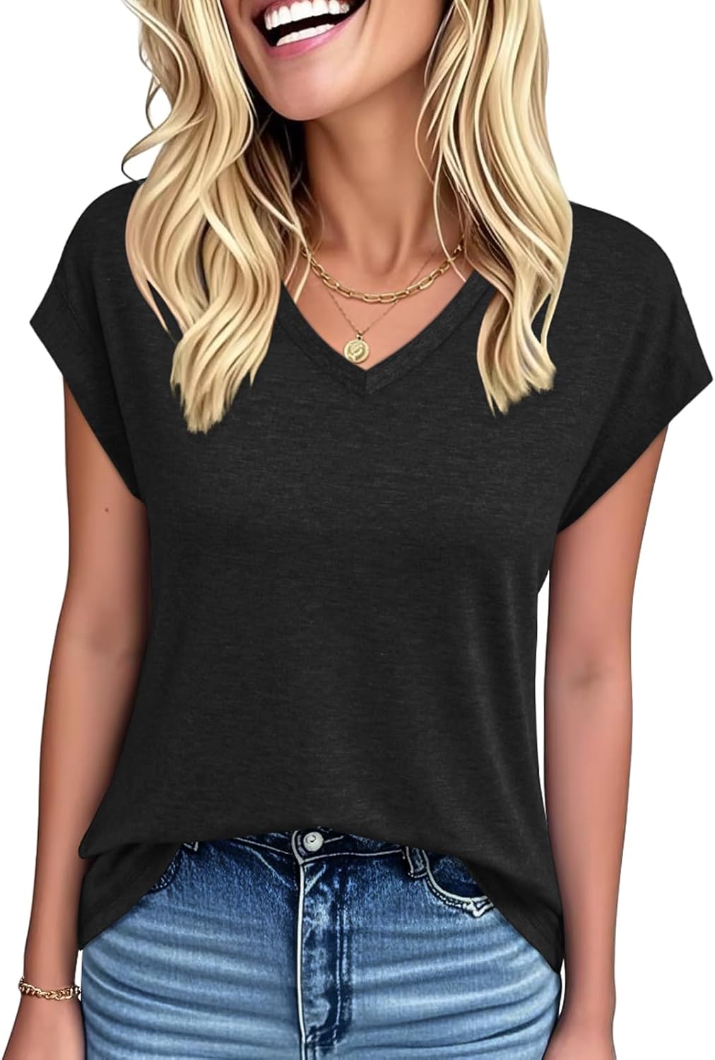 Womens Summer Tops Short Sleeve Shirts V Neck Basic Tees Cap Sleeve T Shirts Casual...