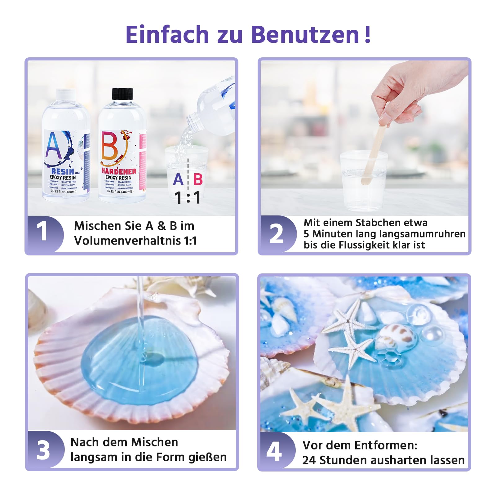 Epoxidharz Set Anfänger 960ml – Kristallklares Gießharz & Härter (1:1 Verhältnis), Blasenfrei & Vergilbungsfrei – Premium Resin Kit für Anfänger, Schmuck, Untersetzer & DIY Kunst – Inkl. Zubehör