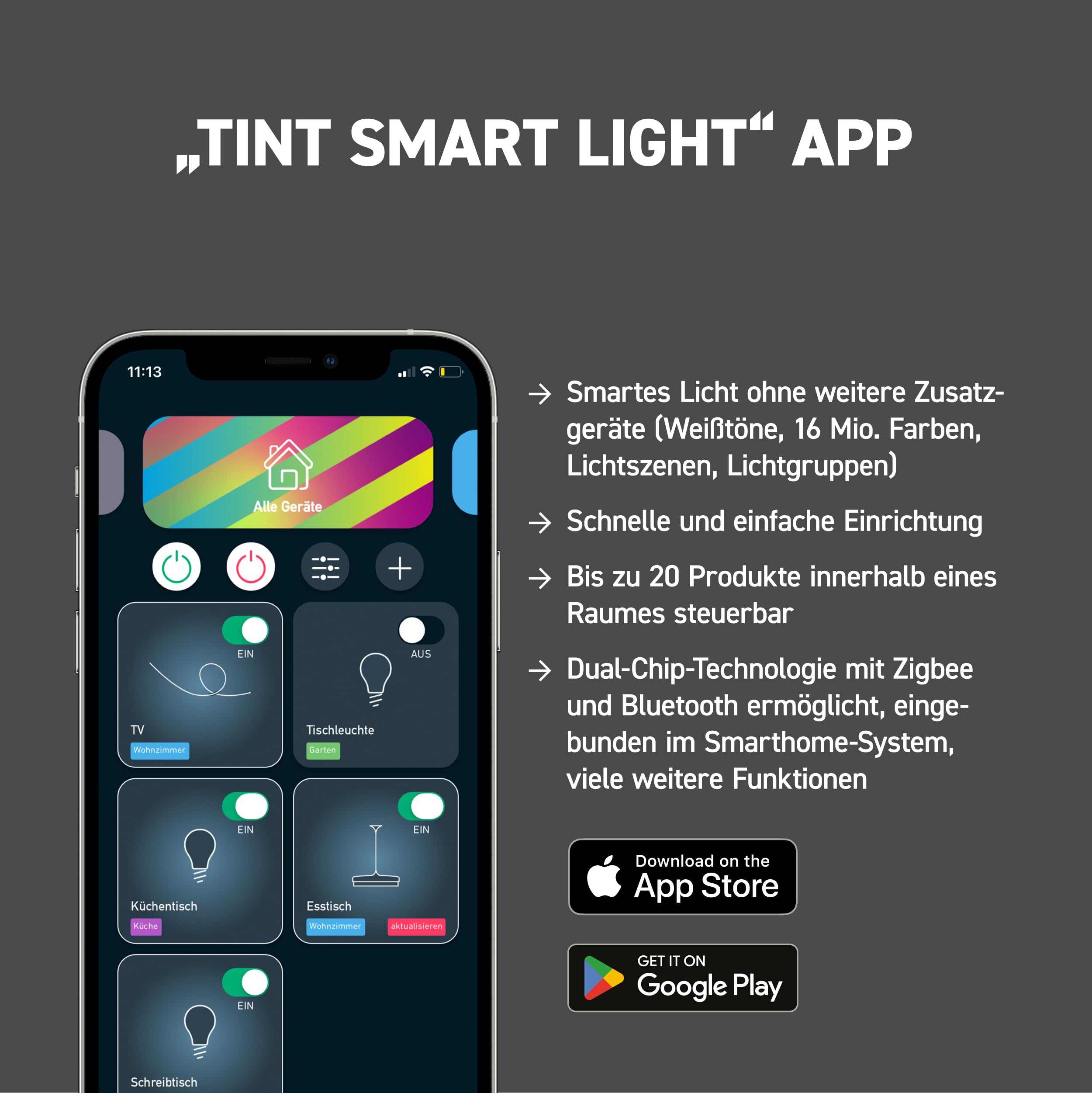 tint Smarter LED Strip Streifen, weißes & farbiges Licht RGB für indirekte Beleuchtung, Farbwechsel, 10m Länge, 36W, 6 vorprogrammierte Lichtszenen, Bluetooth+Zigbee, funktioniert mit Alexa