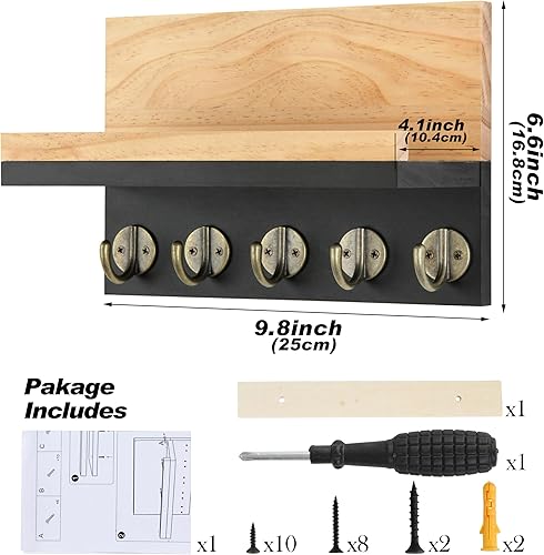 Miniatura 3 de Gurfuy Soporte para llaves de pared con estante, organizador cuadrado de madera y estante con ganchos para estante montado en la pared para