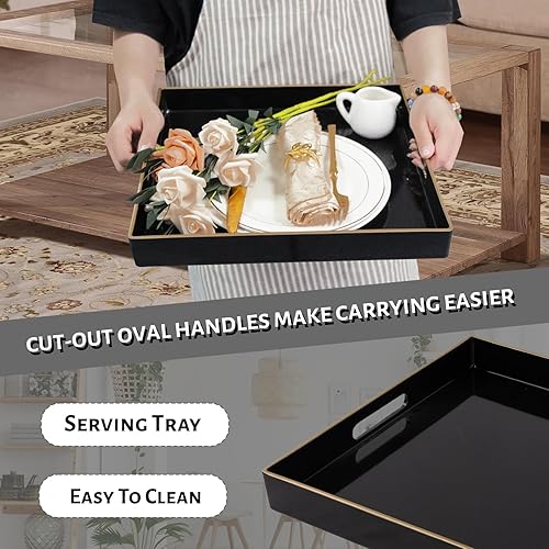 Miniatura 5 de MAONAME Bandeja decorativa, bandeja negra con asas, bandejas de mesa auxiliar, bandejas cuadradas de plástico para otomana, baño, cocina, 13 x 13 x