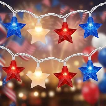 Red White Blue Stars String Lights, 8.5Ft Patriotic Outdoor Decorations for Independence Day