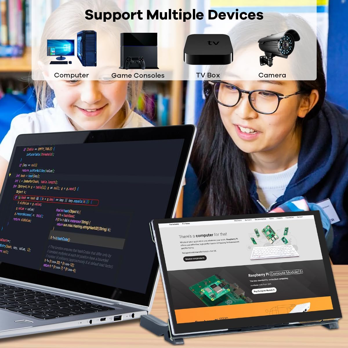 Image demonstrating the display's ability to function as a duplicate screen, extended screen, or a second screen for a laptop.