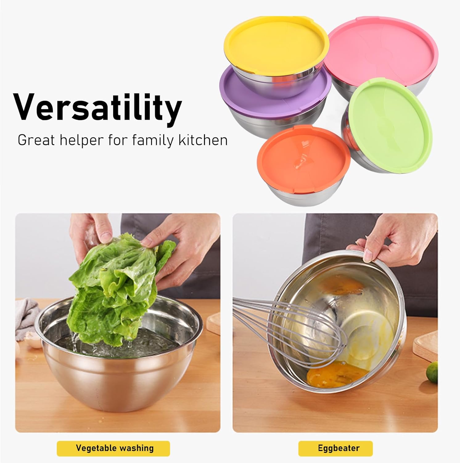 Mixing Bowls with Lids Set, 5PCS Stainless Steel Stackable Metal Nesting Bowls with Airtight Lids Food Container for Baking