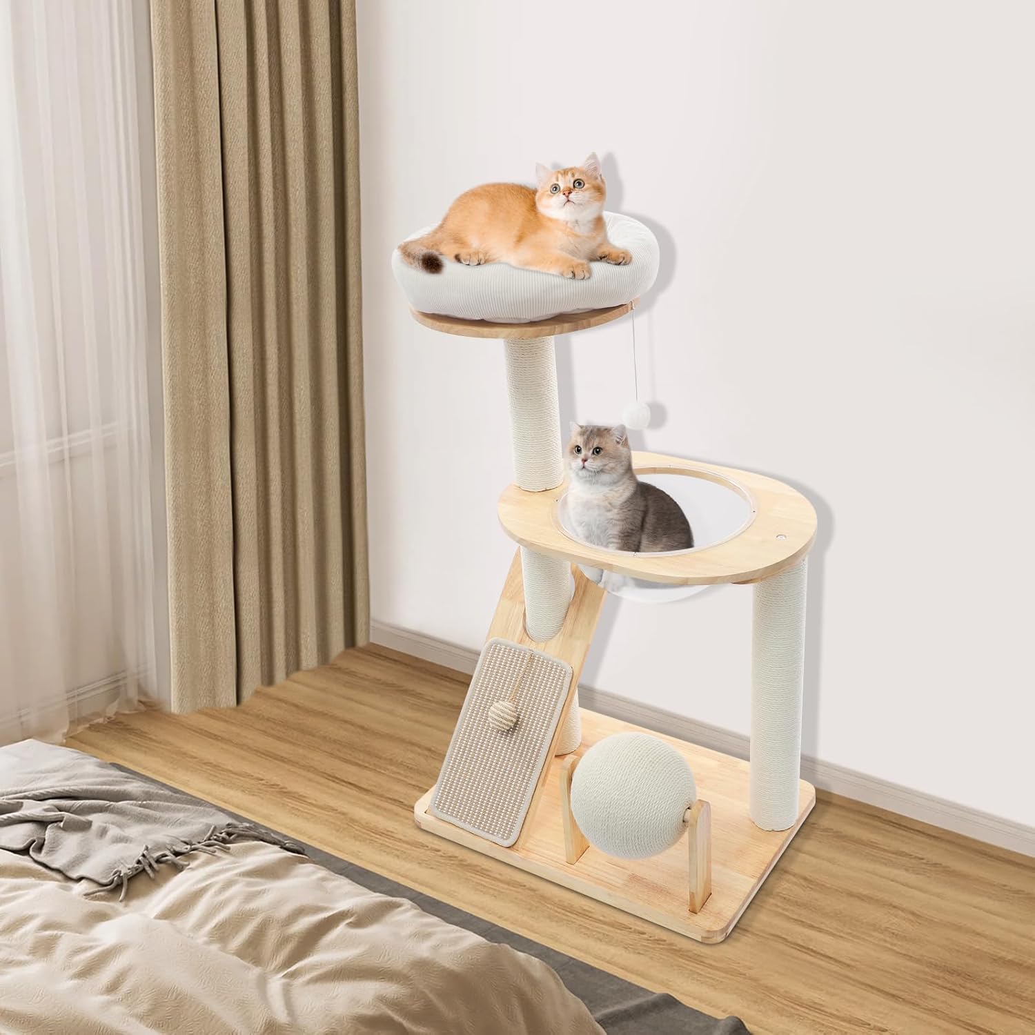 Multifunctional Cat Tree, Wooden Cat Tower with Scratching Post, Pad, Rolling Ball, Space Capsule, Perche Indoor Activity Center for Kitten