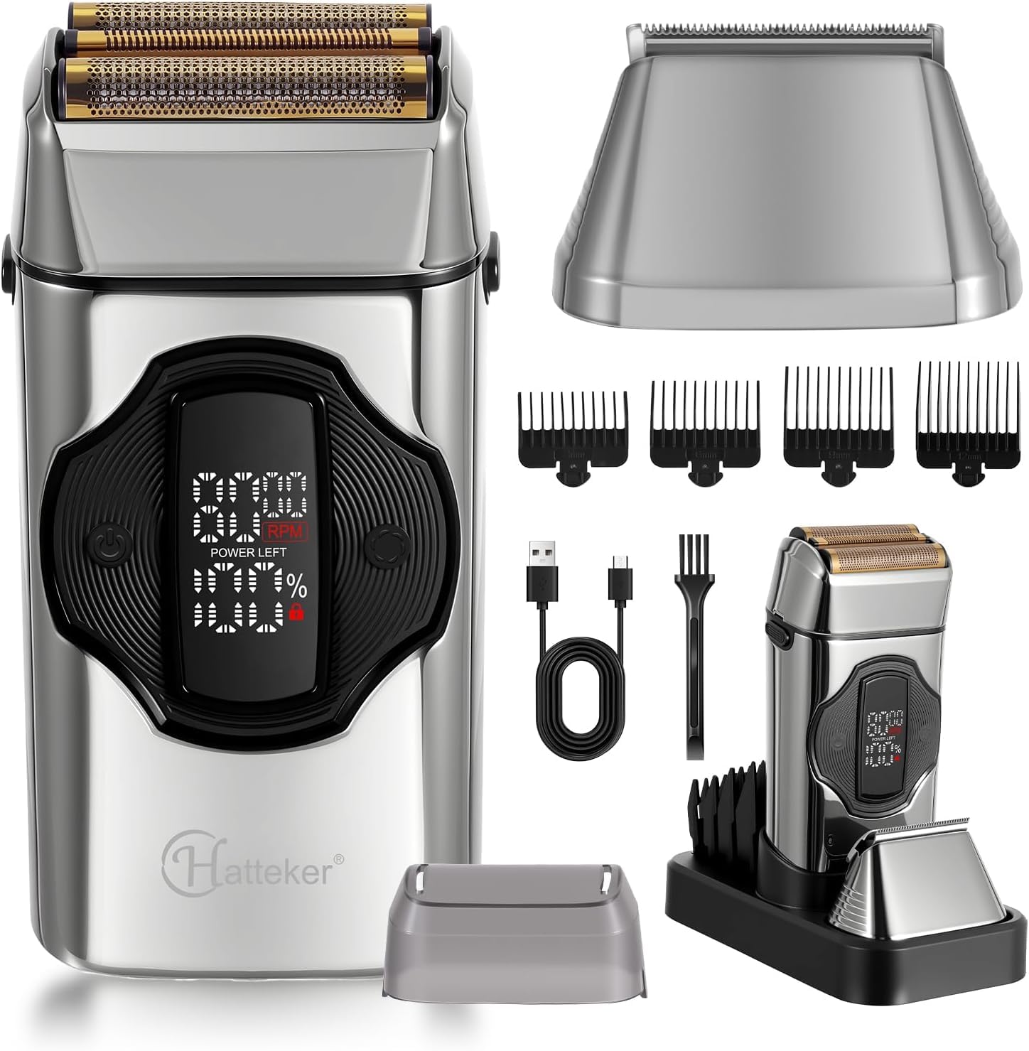 Hatteker 2 in 1 Electric Shaver for Men, Foil Shaver and Trimmer with Magnetic Head, Removable Trimmer Head, IPX7 Waterproof for Wet and Dry Shaving (Silver)