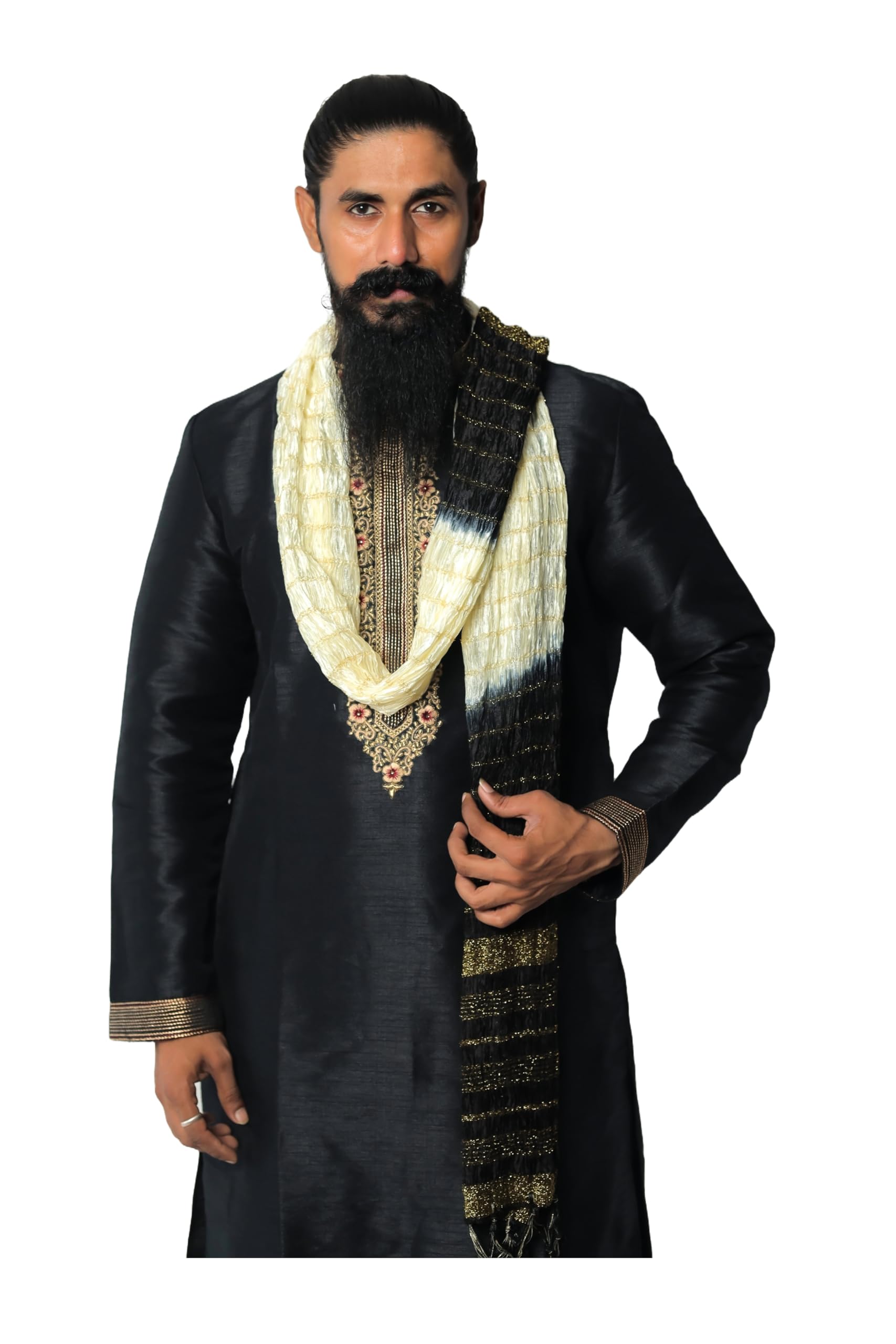 Indian Traditional Kurta Sherwani Cream & Black Dupatta Shawl Scarf For Men (Only Dupatta)-image-24