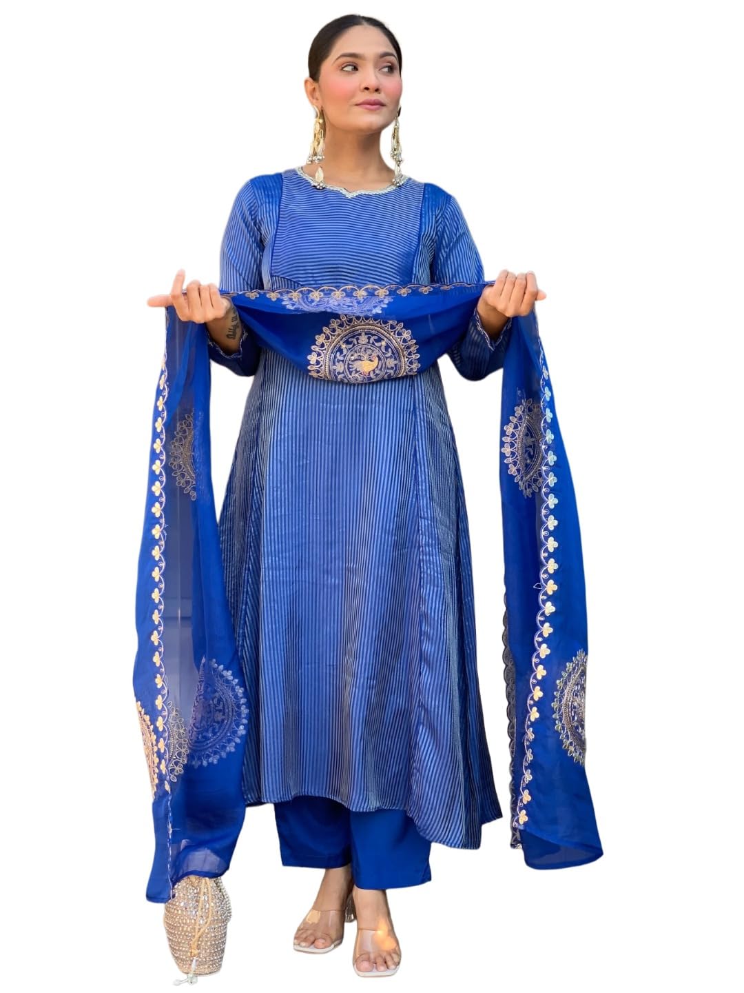 Viscose Blend Printed A-Line Kurta with Pant and Dupatta for Women | Viscose Blend Blue | 3/4 Sleeve | Pan Neck | Ethnic Wear Casual Wear-image-41
