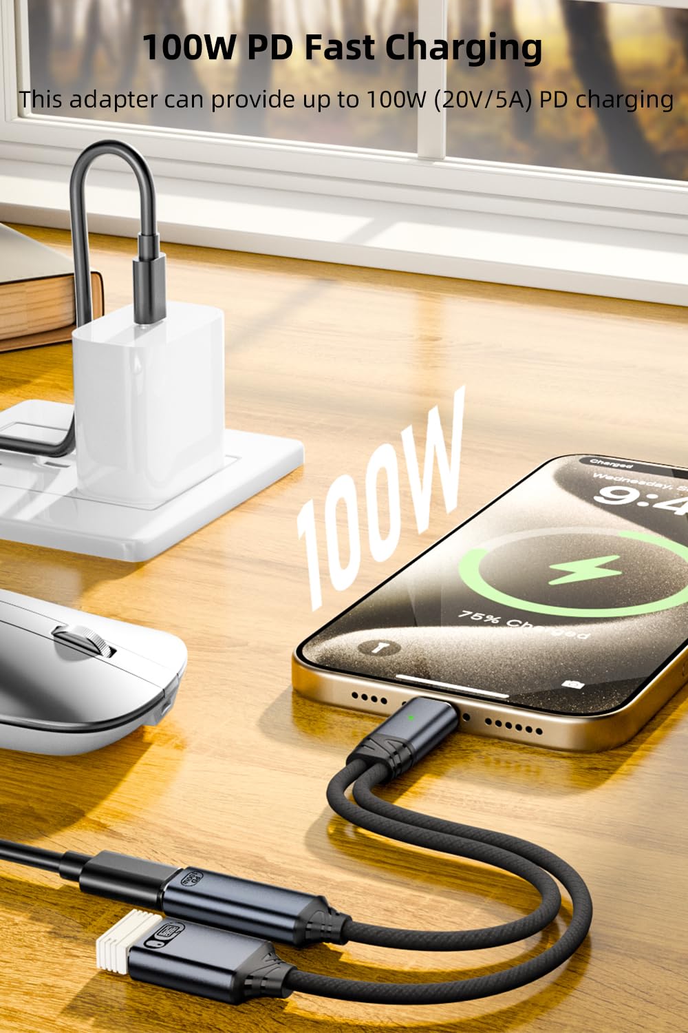 Jadebones Kabel USB C na USB OTG i adapter ładowarki, rozdzielacz USB-C 2 w 1 z szybkim ładowaniem 100 W do iPhone'a serii 16/15, iPada, MacBooka, Galaxy S24/S23 i innych