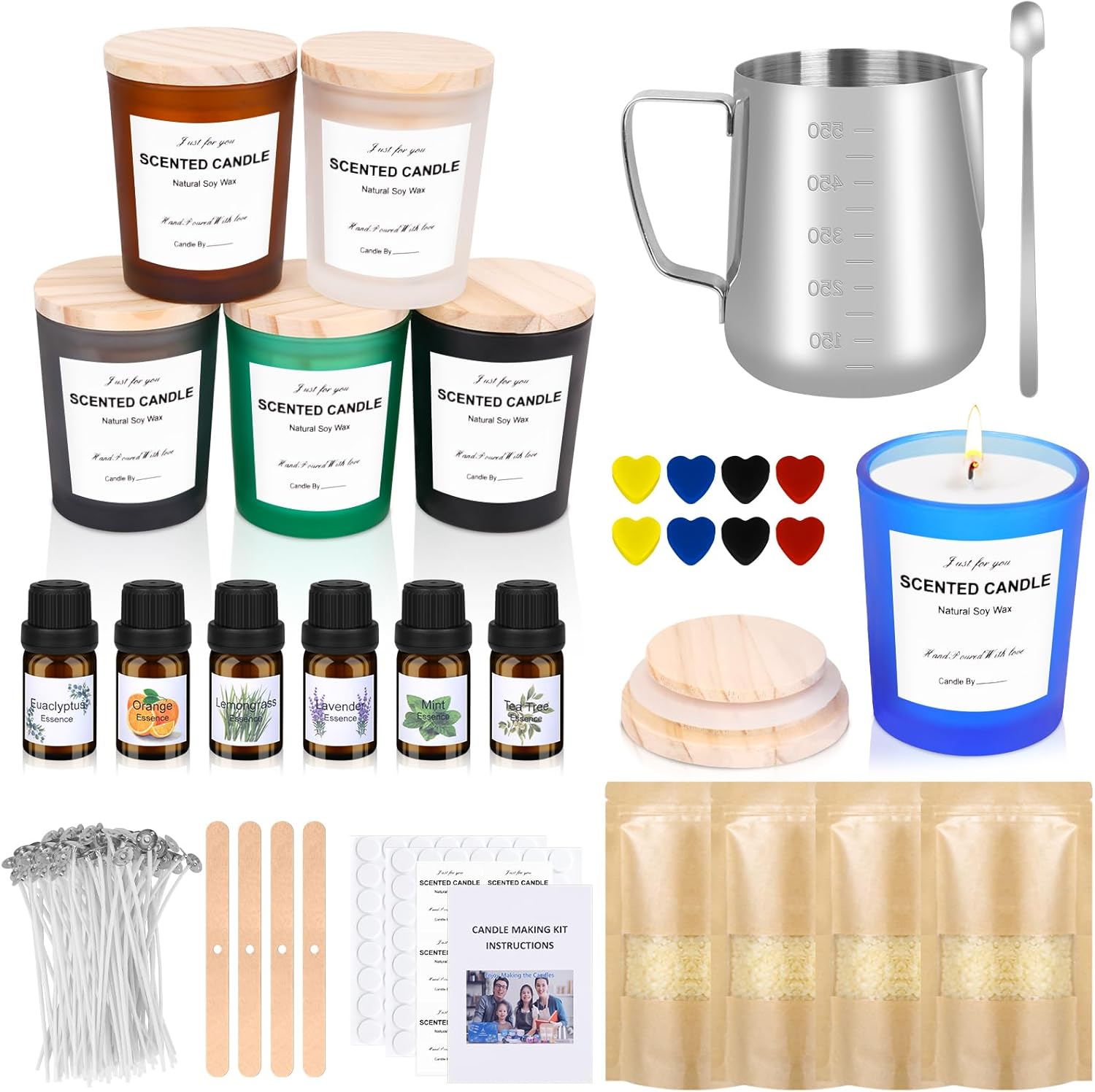 Candle Making Kit for Adult, Homemade DIY Candle Making Supplies Include Soy Wax, Wicks, Glass Candle Containers, Essential Oils, Dyes, DIY Arts & Crafts Gift for Kids, Beginners, Adults, Women
