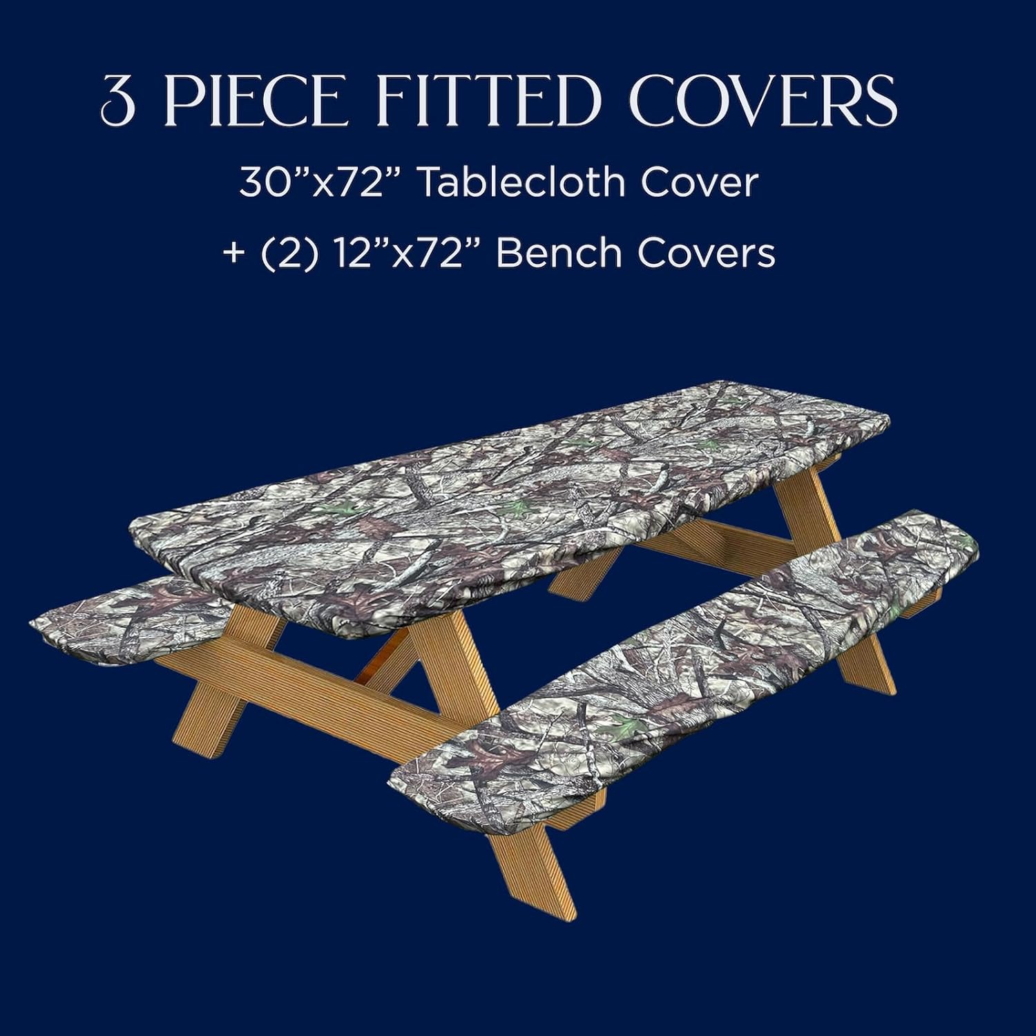 TrueTimber Camo Picnic Tablecloth 30" x 72" and 9" x 72" Bench Cover Set with Elastic Fit - Rectangular Camouflage Elastic Fit Table Cover Set for Camo Themed Party Decorations