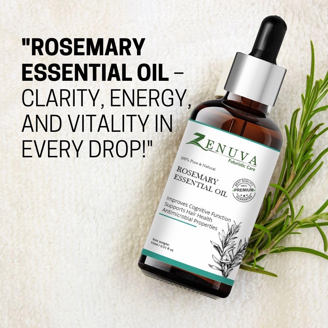 Zenuva Rosemary Essential Oil 15 ML | Pure, natural and herbal | For acne, tight and tones, hair growth. Face and body massage oil. For all skin and hair types. Aromatherapy for men and women Zenuva Rosemary Essential Oil 15 ML | Pure, natural and herbal | For acne, tight and tones, hair growth. Face and body massage oil. For all skin and hair types. Aromatherapy for men and women