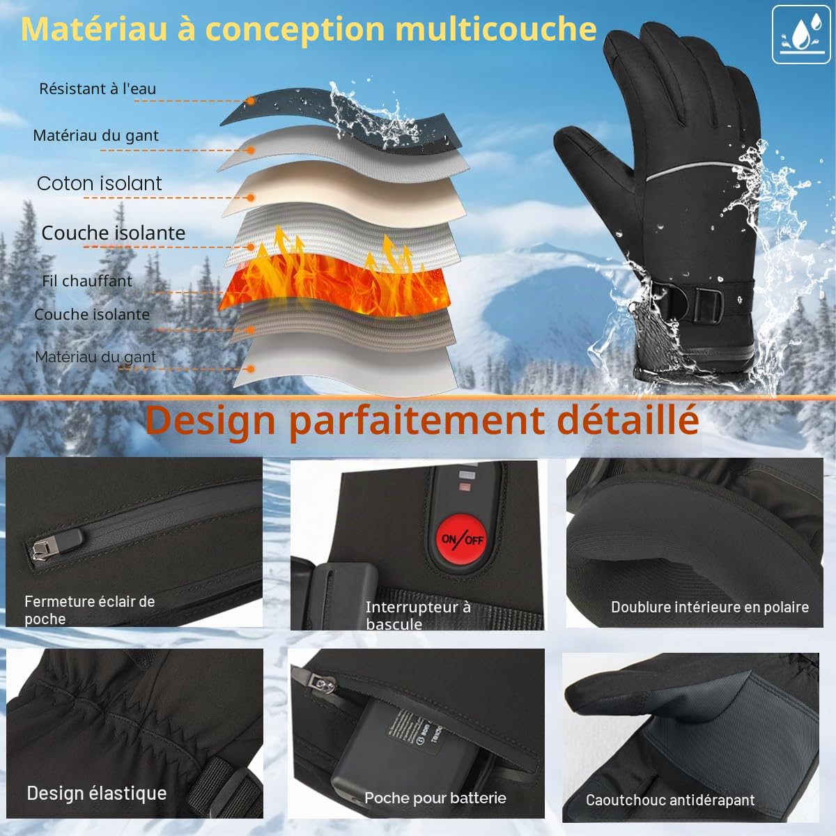 Gants Chauffants avec Batterie Rechargeable 7.4V 20000mAh，Gants Chauffants 3 Niveaux De Températures, Électriques Gants pour Hommes et Femmes Chauds Écran Tactile Moto Vélo Ski (Noir, M)