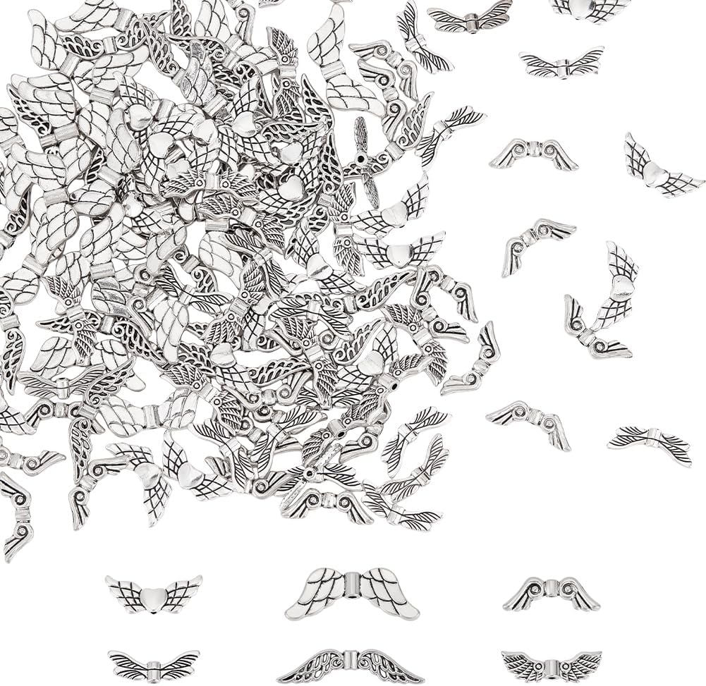 180Pcs 6 Styles Metal Angel Wing Beads Antique Silver Spacer Beads Tibetan Alloy Fairy Wing Charm Beads Vintage Loose Bead Bulk for Bracelet Necklace Jewelry Making Accessories DIY Craft