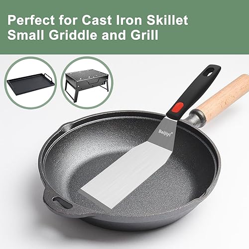 Miniatura 5 de Beijiyi Juego de espátulas de acero inoxidable, espátula de metal pequeña resistente para cocinar sartén de hierro fundido con mango de silicona,