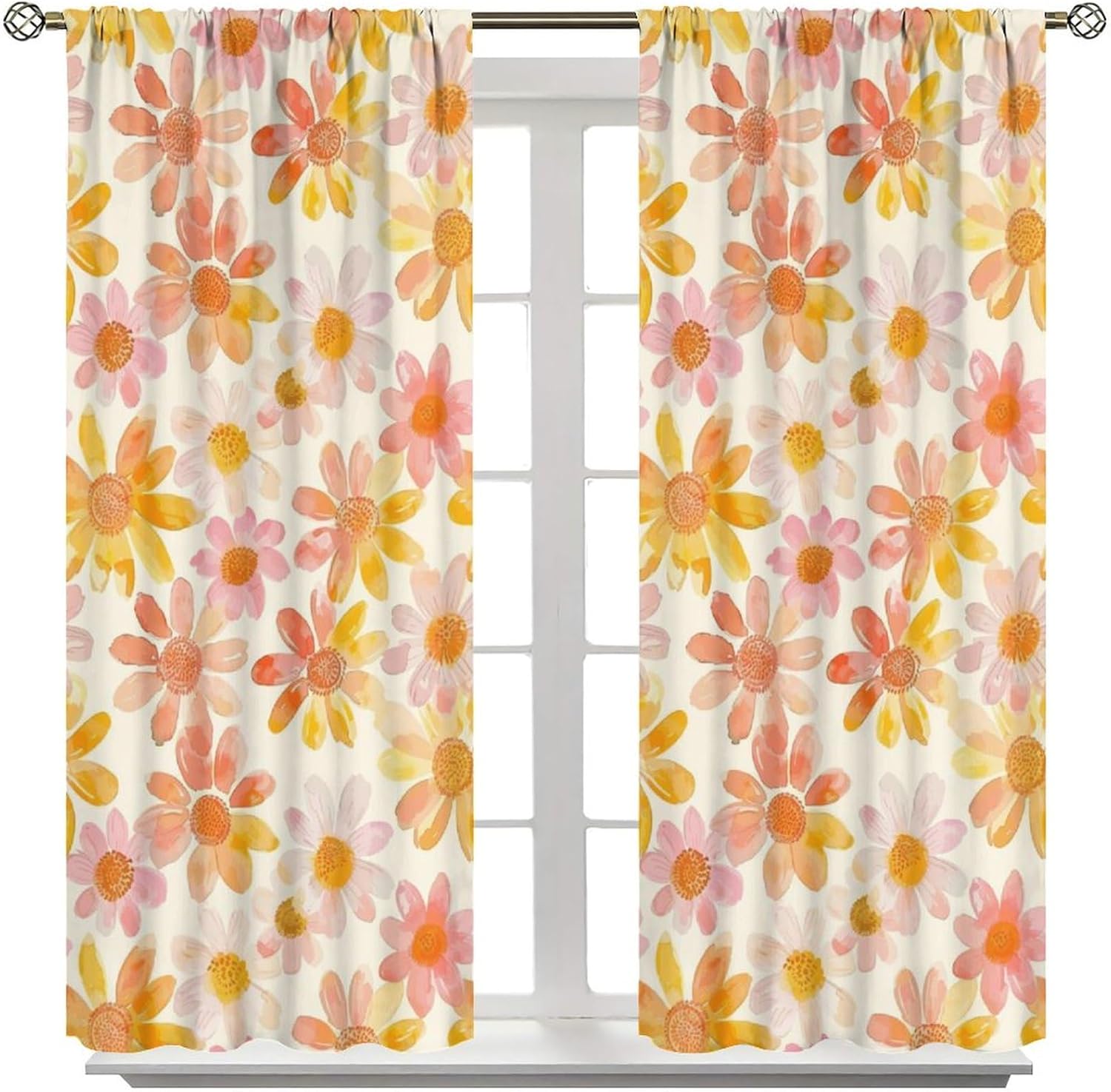 Floral Curtains Retro Rural Watercolor Hippie Flowers Window Treatment for Living Room Bedroom Kitchen Blackout Decor Window Drapes 42" W X 63" L