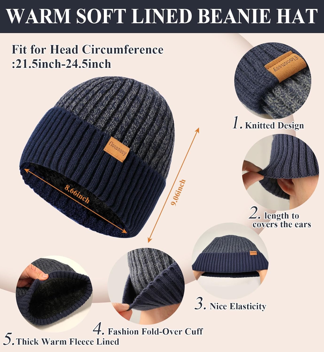 Men's Winter Hat Scarf Gloves Set, 3 PCS Warm Beanie Long Scarf Fleece Lined Touchscreen Gloves for Cold Weather - Image 2