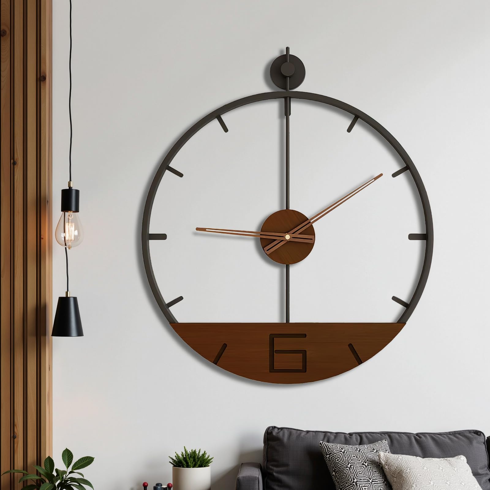Yumyolk Reloj de Pared, 60 cm silencioso, diseño Minimalista Moderno, Armazón de Hierro Negro, Agujas Marrones