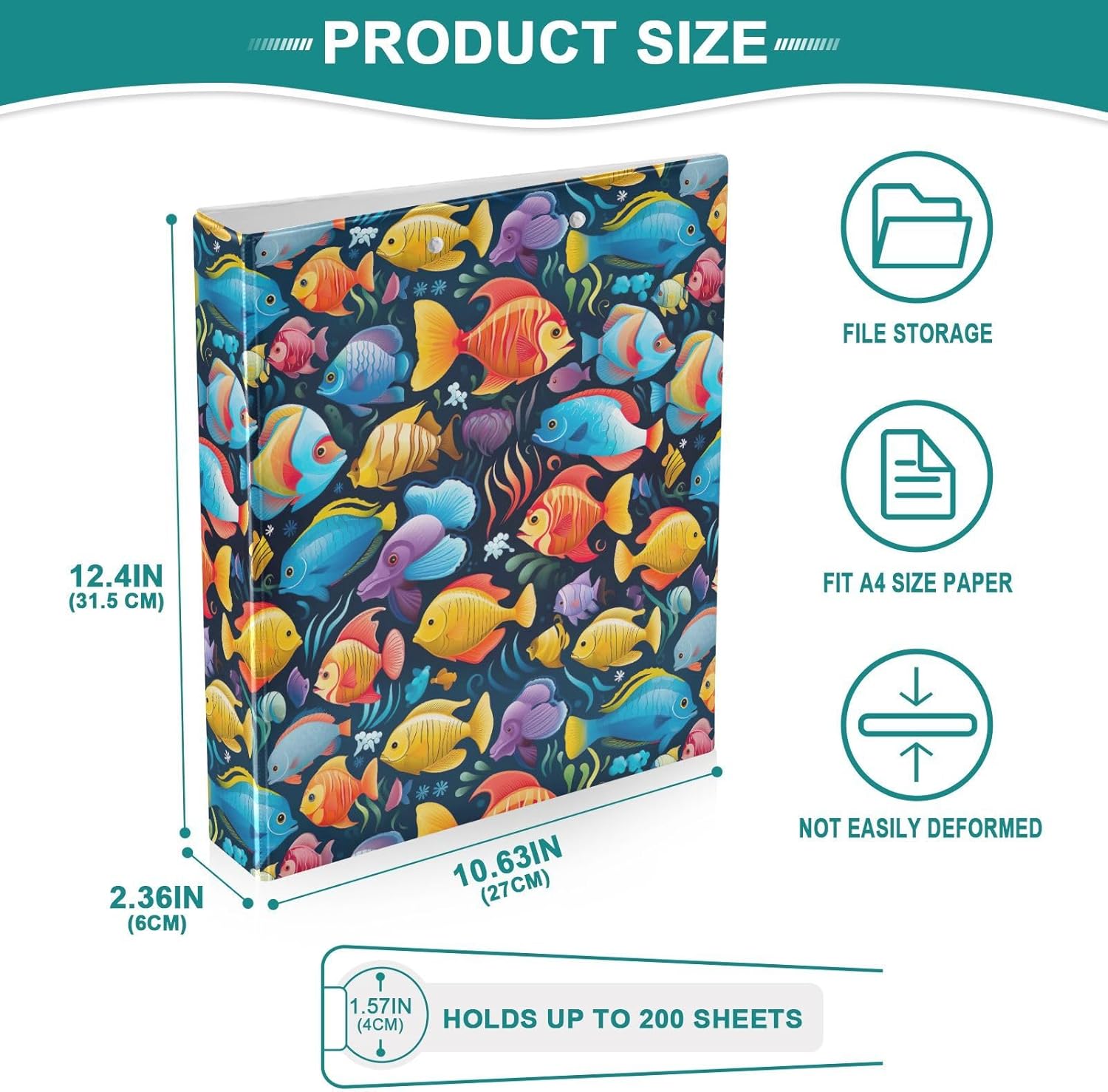 J JOYSAY Colorful Cartoon Tropical Fishes 1.5 Inch 3 Ring Binder with Clipboard Round Ring Binder Aesthetic Binder 3 Interior Clear Pockets for Office School Supplies, 2 Pack