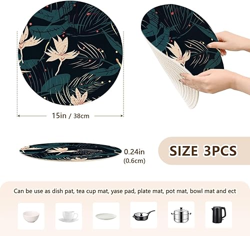 Miniatura 2 de 3 Pcs Heat Proof Trivet Botanical Floral White Green Pattern for Hot Dishes 15in Cotton Thread Weave Hot Pot Holders for Instant Pot Kitchen Aid