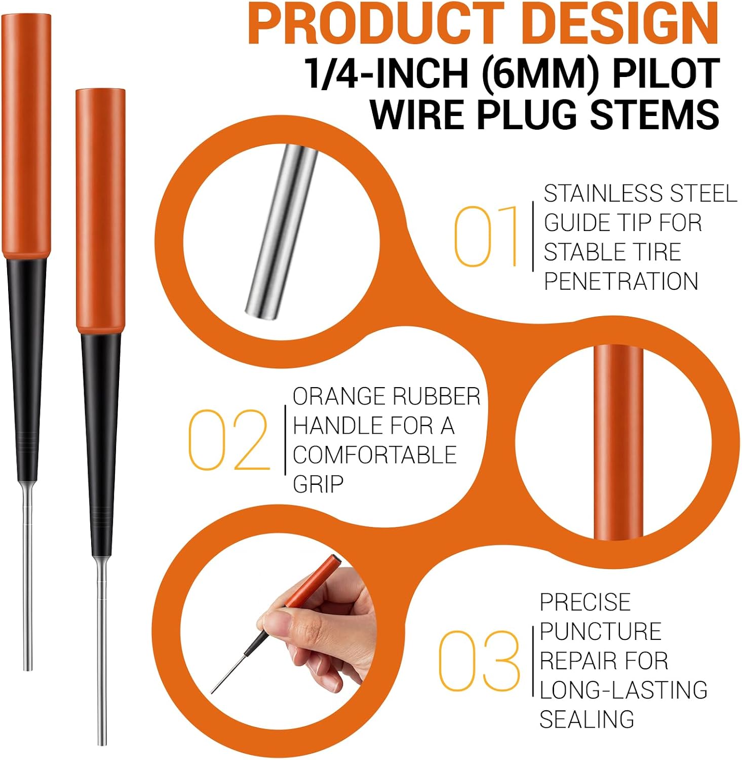 Lothee 40 Pack 1/4 Inch (6mm) Tire Plug Insertion Tool, Heavy Duty Steel Repair Needle with Non-Slip Handle,Plugger Kit for Car Truck Motorcycle ATV Emergency Puncture Repair Replacement