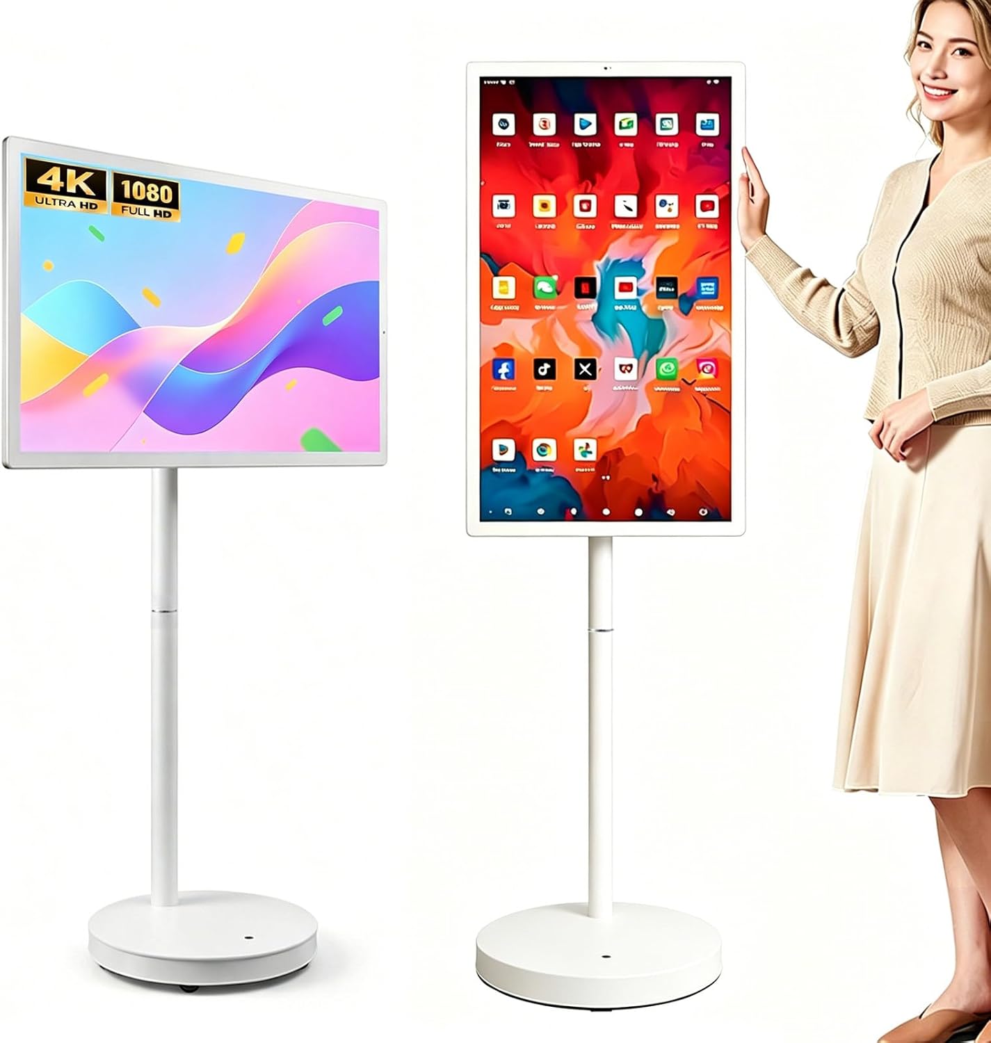 21.5/23.8/27/32 Inch FHD Smart Portable TV, 8 GB RAM+128GB, Android 13, Rolling Tablet TV on Wheels, Larger Battery Up to 6-8hr, Full Swivel Rotation, HDMI for Gaming/Switch 21.5"