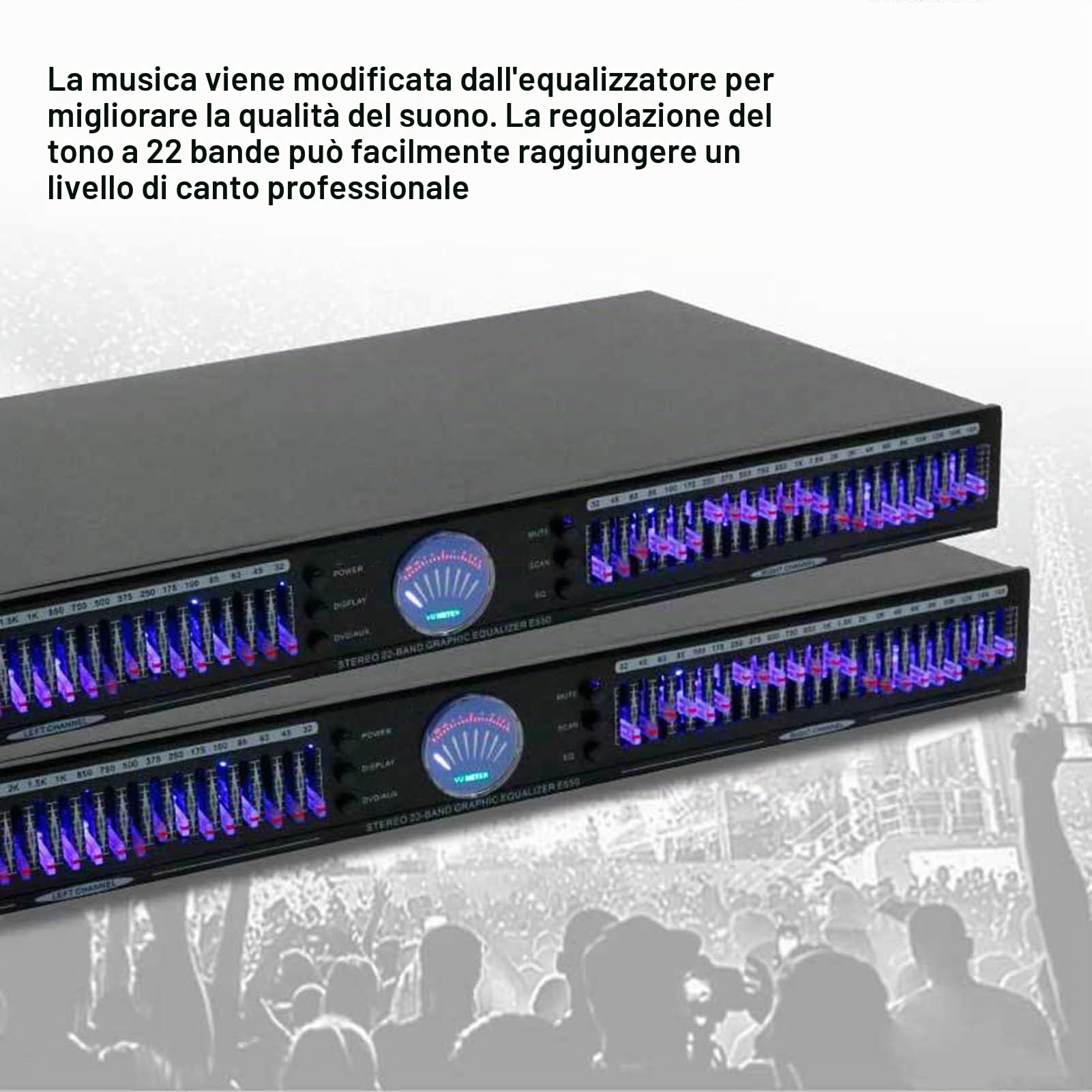 Equalizzatore Audio a 24 Bande, Equalizzatore Audio Digitale, con Display a Spettro LED, 10 Effetti Preimpostati, Riduzione del Rumore, Regolazione Bassi/Medi/Alti