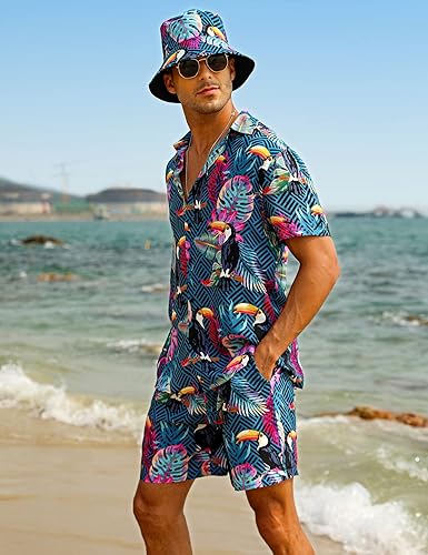 Miniatura 3 de EISHOPEER Conjunto hawaiano de flores para hombre, camisa de manga corta y pantalones cortos, trajes con sombreros de pescador
