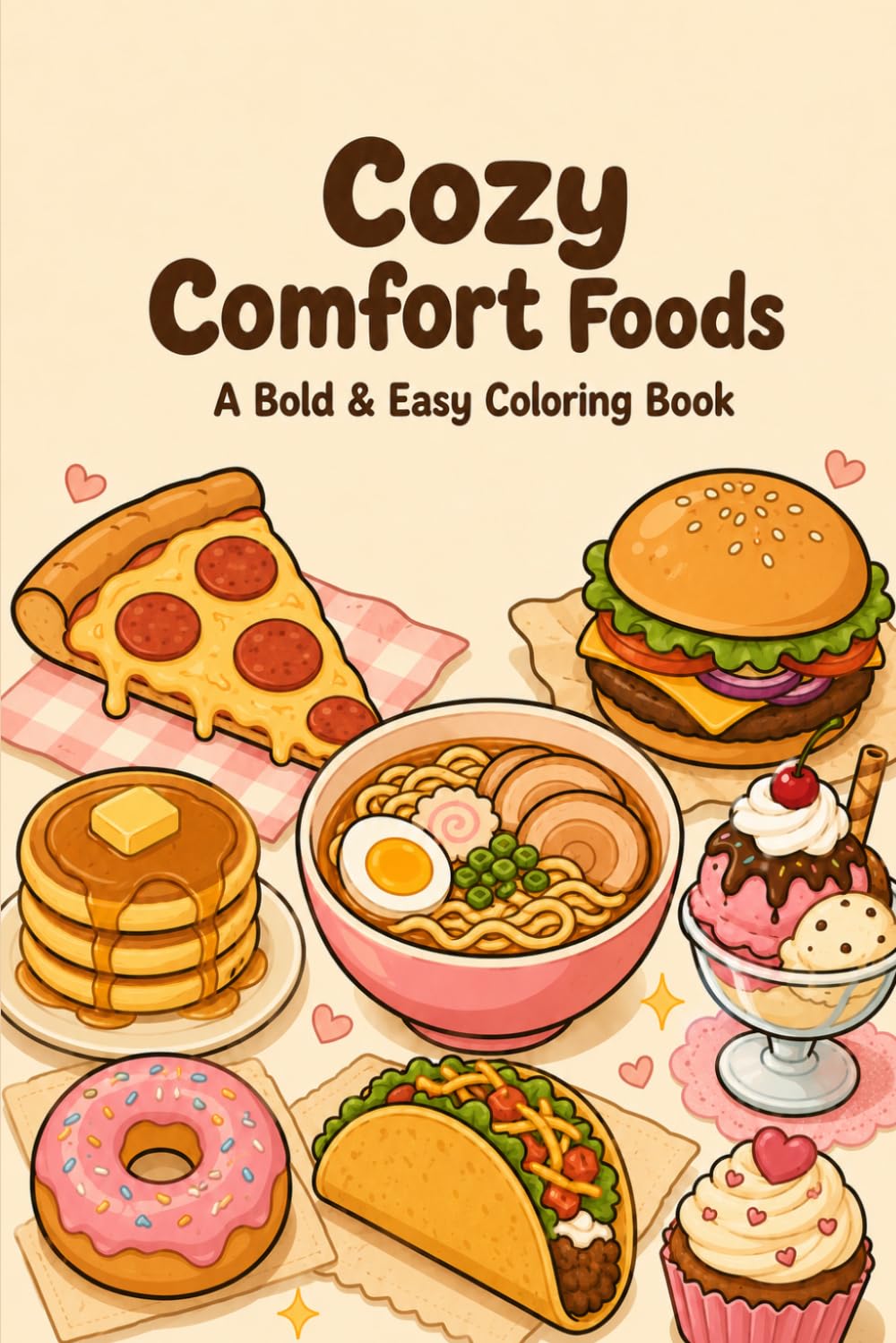 Cozy Comfort Foods: A Bold and Easy Comfort Food Coloring Book: Pizza, Burgers, Pasta, Tacos, Ramen, Sushi, Cakes, Donuts and Sweet Treats