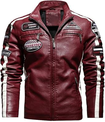 chouyatou Mens Thermal Fleece Lined Patchwork Moto Racer Faux Leather Jacket