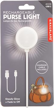 Kikkerland Rechargeable Purse Light Small Handbag Accessories for Easy Portability & Accessibility with Steady Glow & Fade to Off Charging Cable Included, USB-C
