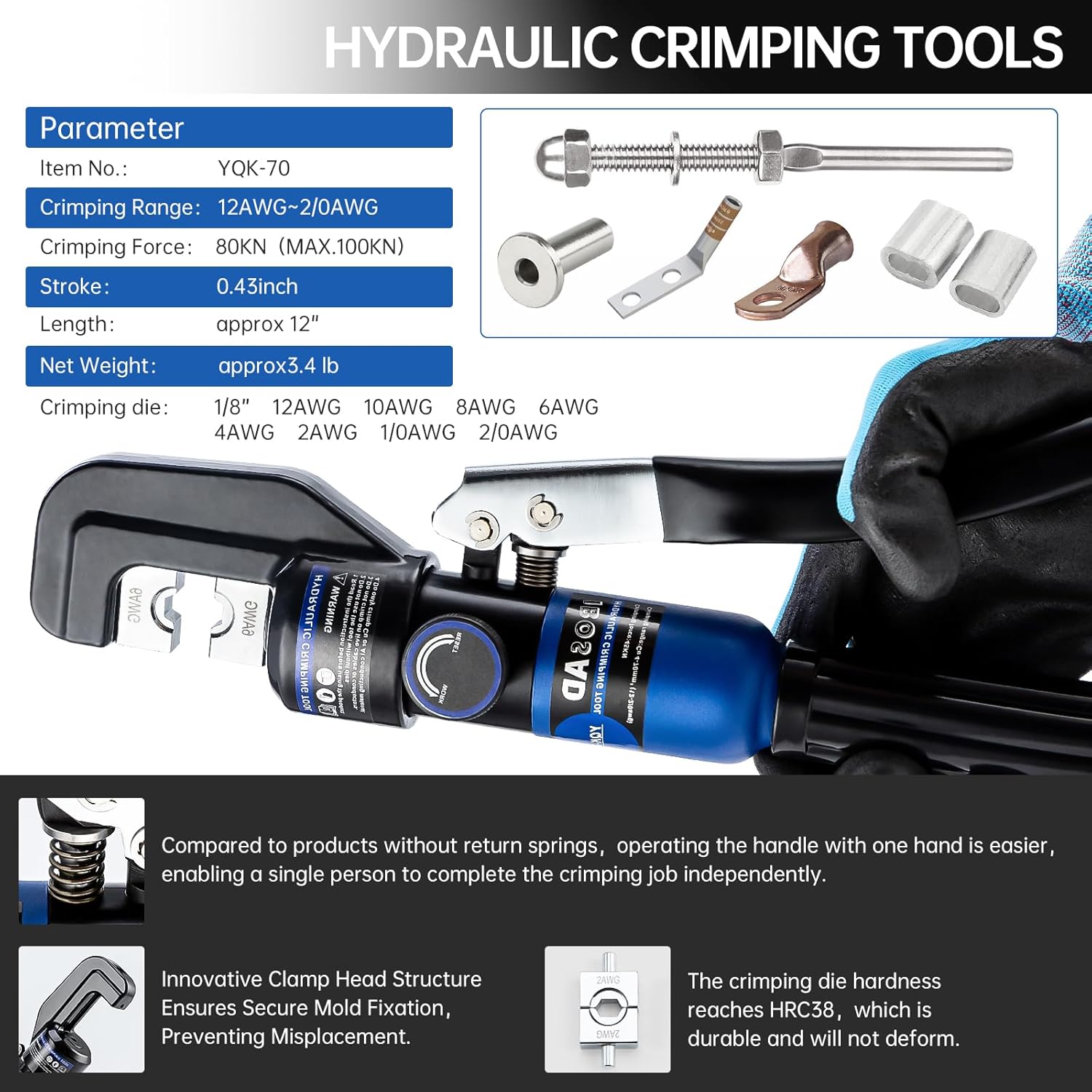IBOSAD Hydraulic Crimping Tool and Cable Cutter Hydraulic Cable Lug Crimper 8 US TON 12 AWG to 00 (2/0) Electrical Terminal Cable Wire Tool Kit with 9 Die