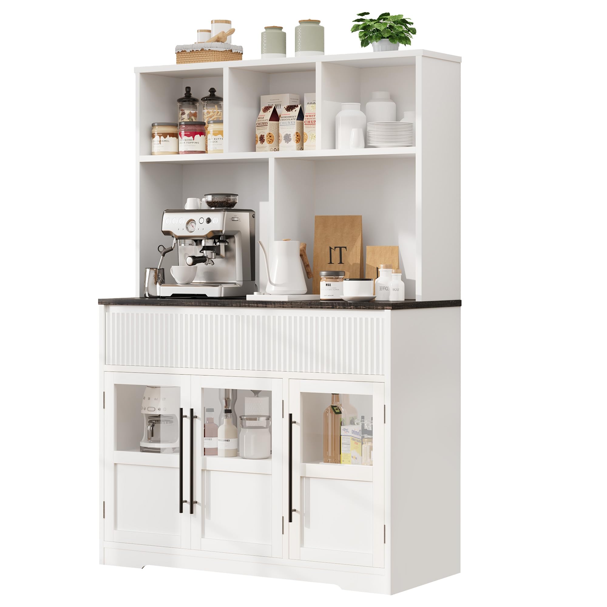 GarveeHome 60'' Kitchen Pantry Cabinet, Tall Kitchen Cabinet Pantry Cabinet with Glass Doors, Kitchen Cabinet with Drawers Coffee Bar Table for Living