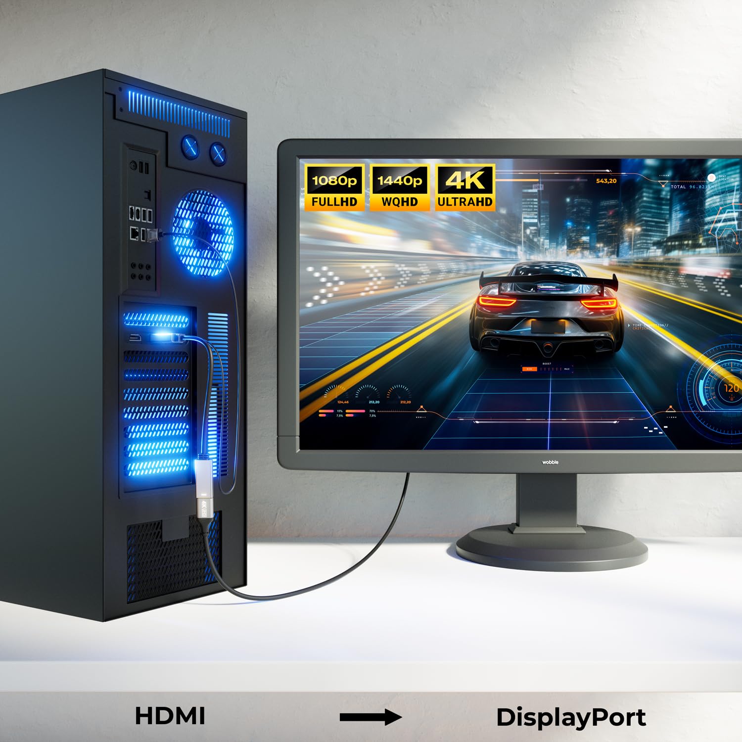 deleyCON Adaptateur 4K HDMI vers DisplayPort (pour Moniteur DisplayPort) 4K@60Hz HDR - Boîtier Aluminium - Câble Convertisseur pour PS4 PS5 Xbox PC Ordinateur Portable Moniteur