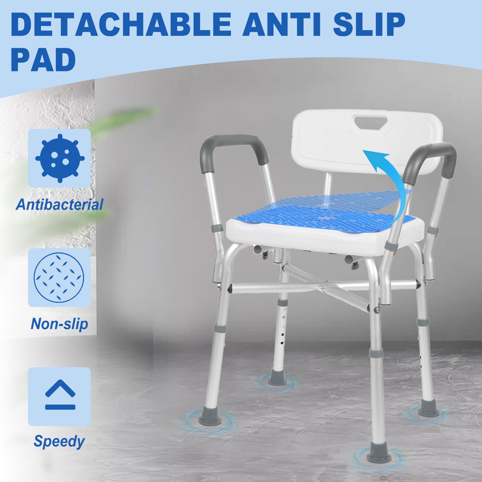 Sedia da Doccia per Anziani e Disabili, Sedia da Doccia con Braccioli e Schienale Seduta da doccia antiscivolo, sgabello da doccia regolabile in altezza con supporto per doccia, portata massima 210 kg
