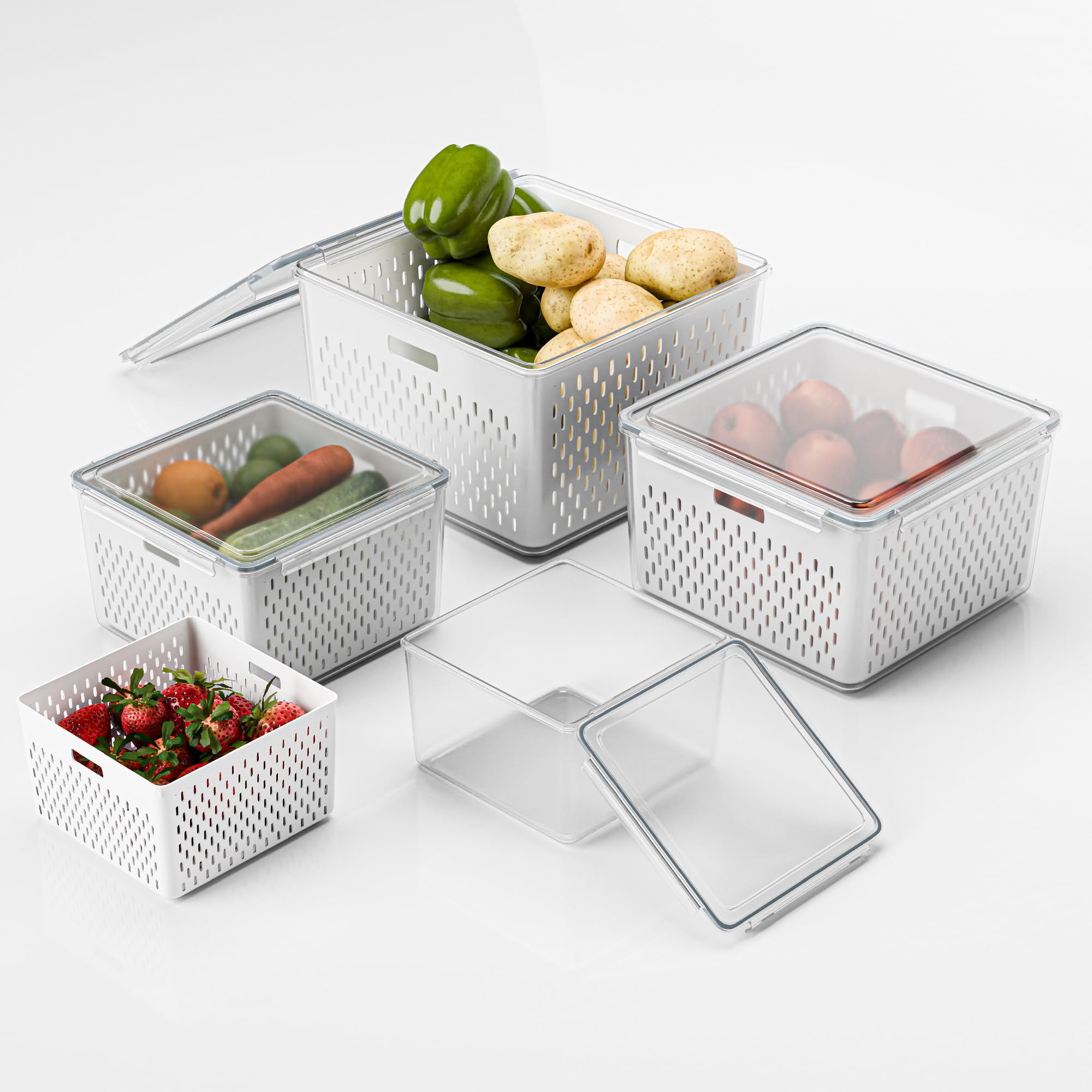 Kuber Industries 4 Pcs Set Fridge Storage Containers with Removable Colander | Airtight and Leakproof Vegetable Storage Box for Refrigerator | (Size - 750Ml_1600Ml_2850Ml_4150Ml | Transparent