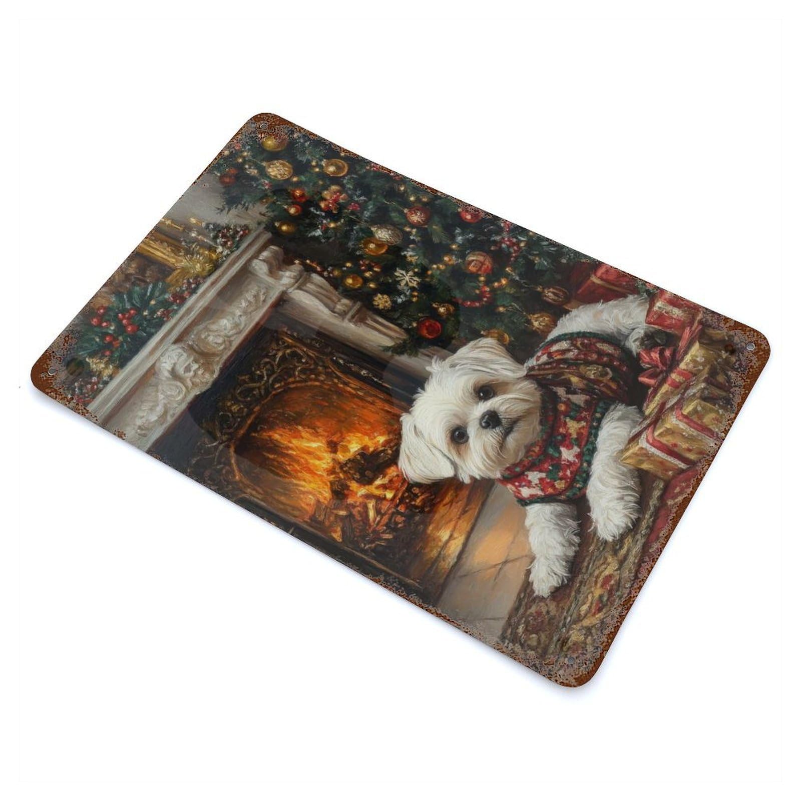 Garage Style Christmas Maltese Dog by Fireplace Rust Effect Tin Sign 11.8"x7.9", Industrial Home Decor for Bar And Workshop