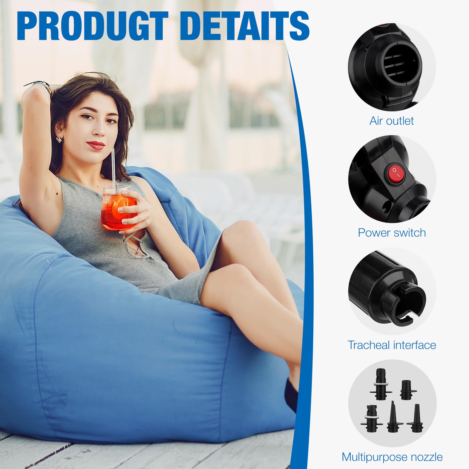 Mineup Pompa Ad Aria Elettrica, 600 W Pompa Elettrica Per Gonfiare Con 5 Ugelli, Pompa Per Materasso Ad Aria Gonfiabile, Gonfiatore Elettrico Portatile Per Materasso Ad Aria, Palle Di Yoga, Piscina