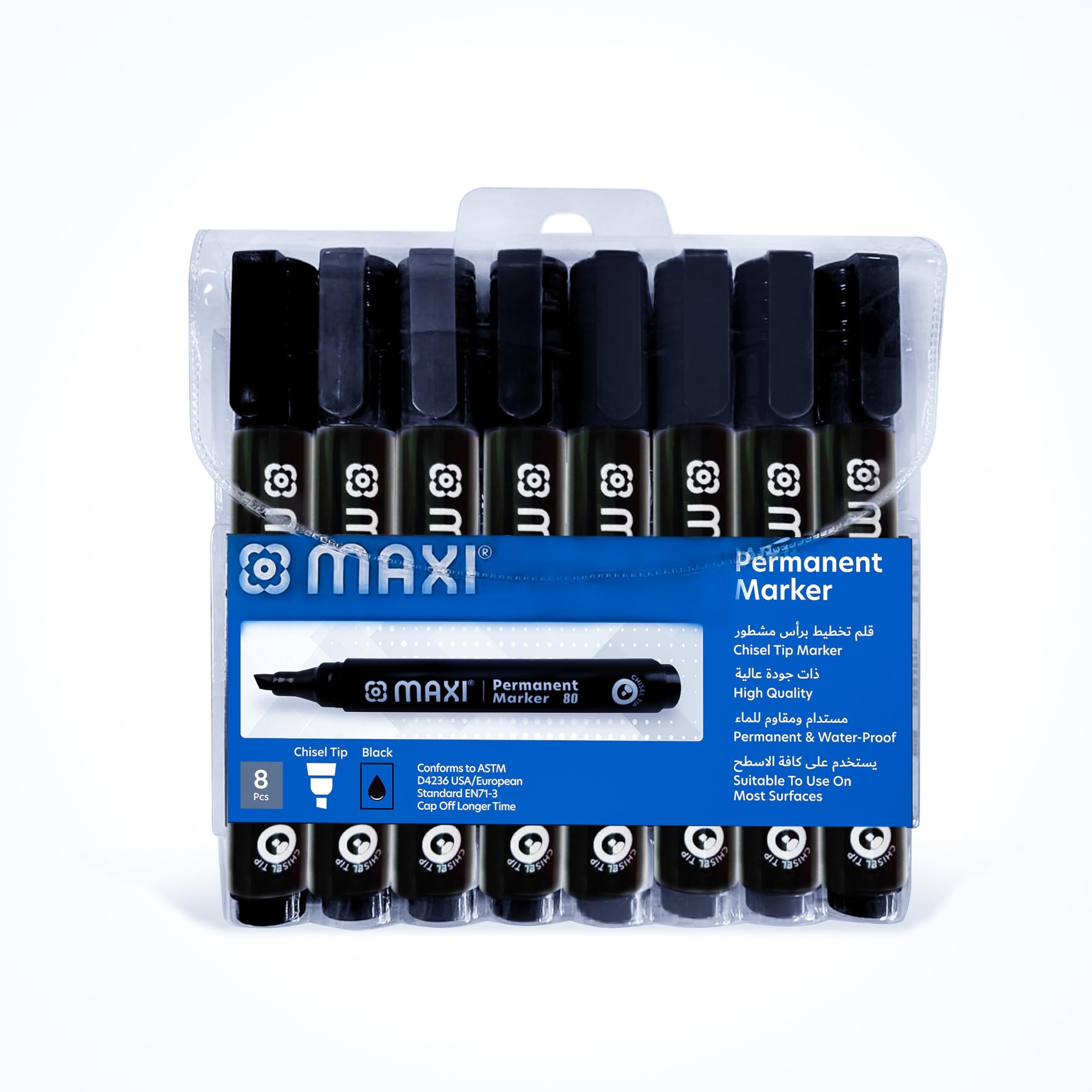 Permanent marker with Chisel tip 8pcs Black. Suitable to use on most surfaces. Mark and write on any non-porous surface such as wood, glass, plastic, or cardboard.
