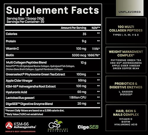 Miniatura 2 de Polvo de quemadura de colágeno para mujeres con ácido hialurónico, KSM66, vinagre de manzana C, probióticos, biotina, proteína de péptidos de