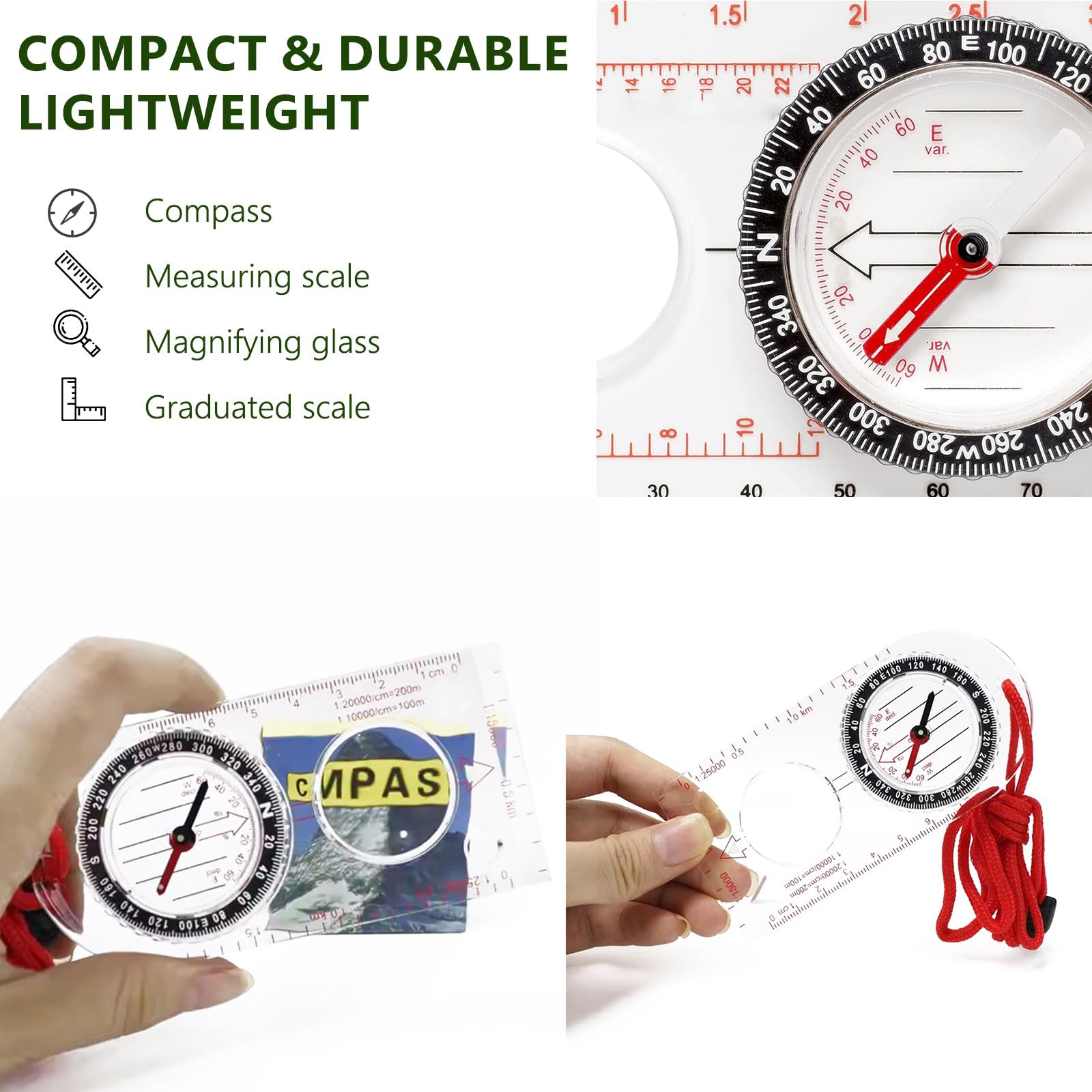 Boussole de Navigation, Transparente Compas d'Orientation avec Déclinaison Réglable pour Randonnée Camping, Sport de Plein air