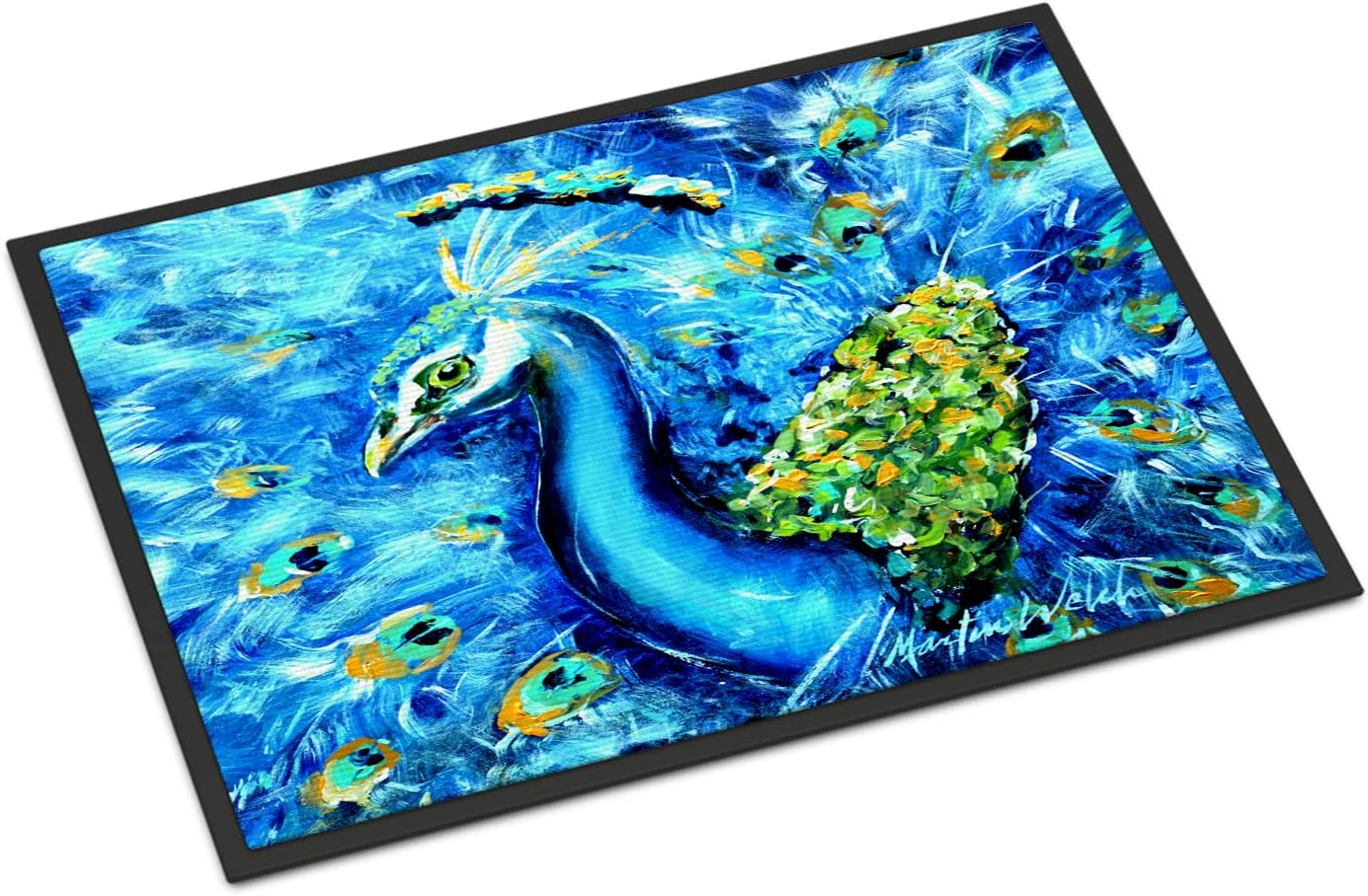 Caroline's Treasures MW1166JMAT Peacock Straight Up in Blue Doormat 24x36 Front Door Mat Indoor Outdoor Rugs for Entryway, Non Slip Washable Low Pile, 24H X 36W