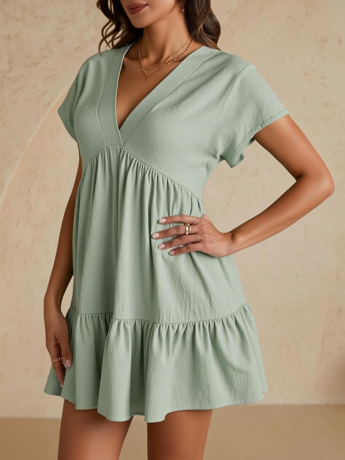 Women's Summer Ruffle Mini Dress Babydoll V Neck Short Sleeve Flowy Cute Going Out Dresses - Image 3
