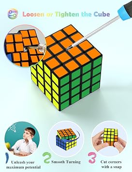 ROXENDA Speed Cube Set, 2X2 3X3 4X4 Pyramid Cube Original Fast with Instruction [4 Pack](Sticker Cube Set)